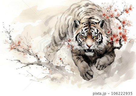 Image of tiger with pink cherry blossoms in ancient chinese style. Wildlife Animals. Nature. Illustration, Generative AI. Image of tiger with pink cherry blossoms in ancient chinese style. Wildlife Animals. Nature. Illustration, Generative AI. 106222935