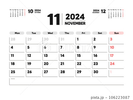 2024年11月のカレンダー - 月曜始まりの月めくりカレンダー - 3ヶ月分･祝日表記なし･A版 106223087