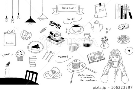 おしゃれな手描きの本と女の子のカフェのイラスト ベクター 106223297