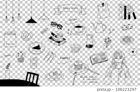 おしゃれな手描きの本と女の子のカフェのイラスト ベクター 106223297