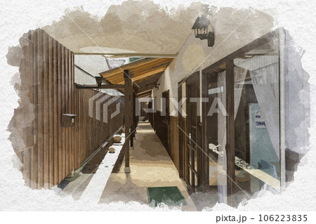 水彩画風　若桜宿　仮屋通り　かりや横丁　鳥取県八頭郡若桜町 106223835