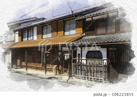 水彩画風　若桜宿　仮屋通り　休憩交流処　かりや　鳥取県八頭郡若桜町 106223855