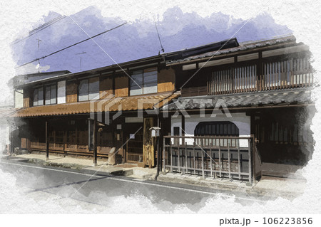 水彩画風 若桜宿 仮屋通り 休憩交流処 かりや 鳥取県八頭郡若桜町 水彩画風 若桜宿 仮屋通り 休憩交流処 かりや 鳥取県八頭郡若桜町 106223856