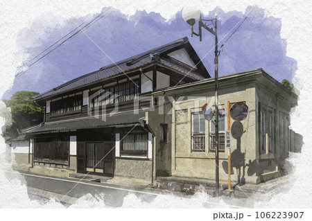 水彩画風　若桜宿　仮屋通り　鳥取県八頭郡若桜町 106223907