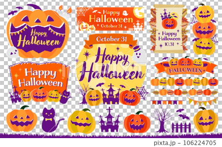 Autumn Fashionable Hand Drawn Pumpkin Halloween / Halloween Pumpkin Vector Frame and Illustration Material Set 106224705