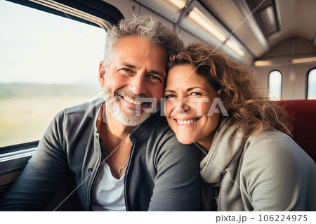 Middle-aged couple enjoys a train ride. They turned off phones and fled the noisy office and city. 106224975