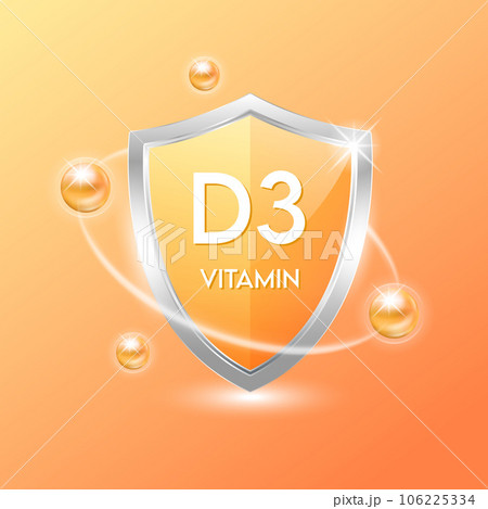 Vitamin D3 shield with orange atom. Protect the body stay healthy. For nutrition products food. Medical scientific concepts. Vector illustration. 106225334
