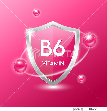 Vitamin B6 shield with red atom. Protect the body stay healthy. For nutrition products food. Medical scientific concepts. Vector illustration. 106225357