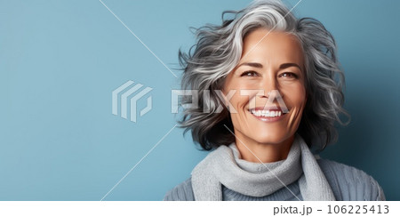 Psychology portrait of a smiling beautiful Scandinavian woman in her 55 years old. 106225413