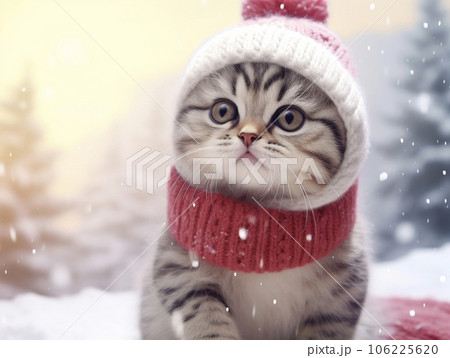 冬の雪降る森の中の赤いマフラーをした猫 AI画像のイラスト素材
