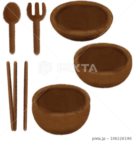 set of wooden round wooden plate with cutlery 106226190