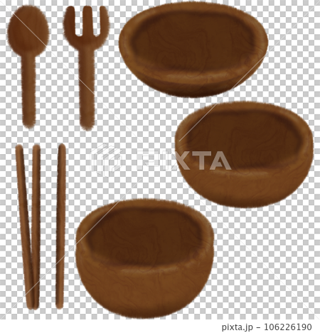 set of wooden round wooden plate with cutlery 106226190