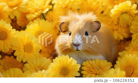 Funny little guinea pig sitting in yellow flowers outdoors 106226352