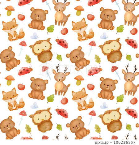 Seamless watercolor pattern with cute forest characters. Bear, owl and deer on white background Seamless watercolor pattern with cute forest characters. Bear, owl and deer on white background 106226557