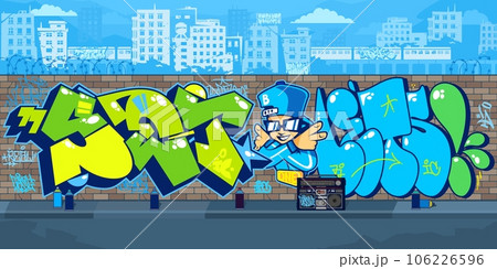 Colorful Outdoor Urban Streetart Graffiti Wall With Drawings Against The Background Of The Cityscape Vector Illustration 106226596