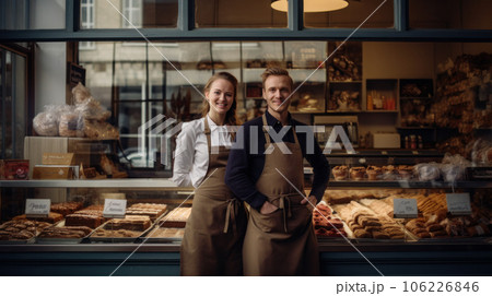 Happy couple - business owner with bakery shop background Happy couple - business owner with bakery shop background 106226846