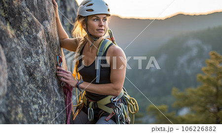 Adult female rock climber on vertical flat wall with poor relief - side view, close-up. 106226882