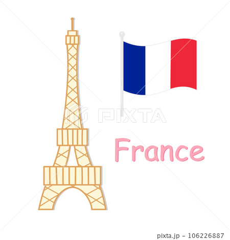 風で旗めくフランスの国旗と文字、観光名所であるエッフェル塔のシンプルなイラスト 106226887