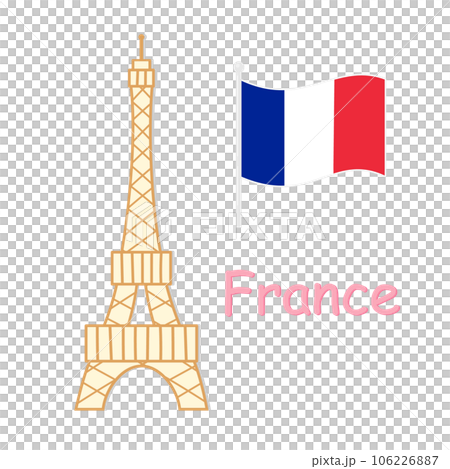 風で旗めくフランスの国旗と文字、観光名所であるエッフェル塔のシンプルなイラスト 106226887