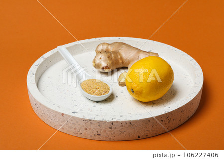 Seasoning and spices concept - ginger, homemade seasoning Seasoning and spices concept - ginger, homemade seasoning 106227406