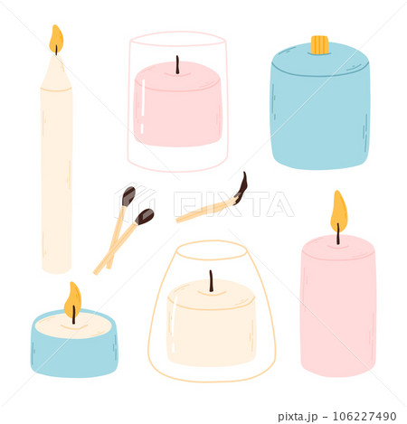 Set of scented candles isolated on white background. Vector illustration. Collection of wax candles in flat style. Set of scented candles isolated on white background. Vector illustration. Collection of wax candles in flat style. 106227490