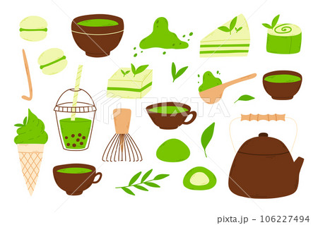 Matcha tea. Mug with matcha and green tea leaves. Vector illustration. Natural green tea. Green tea set. Matcha collection. 106227494