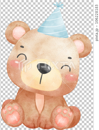 Cute birthday bear with blue party hat cartoon watercolour illustration Cute birthday bear with blue party hat cartoon watercolour illustration 106228183