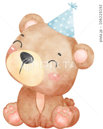 Cute birthday bear with blue party hat cartoon watercolour illustration Cute birthday bear with blue party hat cartoon watercolour illustration 106228192
