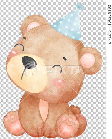 Cute birthday bear with blue party hat cartoon watercolour illustration Cute birthday bear with blue party hat cartoon watercolour illustration 106228192