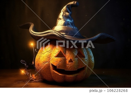 Scary pumpkin lantern with a wicked grin on Halloween. Generative AI 106228268