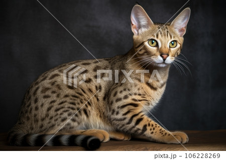 Portrait of a cute cat looking away. Savannah cat breed. Generative AI 106228269