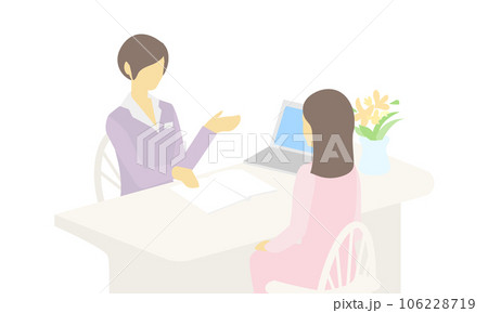 結婚相談所でカウンセラーと相談する女性のイラスト	 106228719