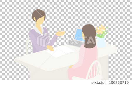 結婚相談所でカウンセラーと相談する女性のイラスト	 106228719