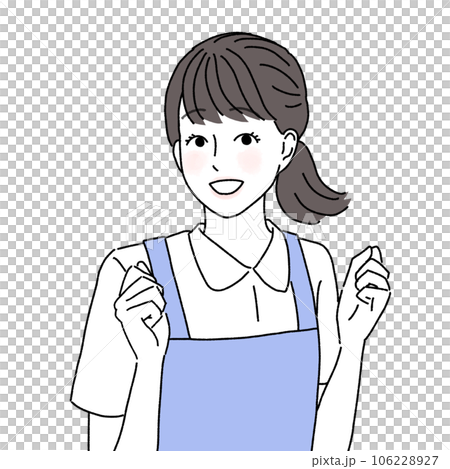 A woman in a light blue apron who smiles and makes a guts pose with both hands A woman in a light blue apron who smiles and makes a guts pose with both hands 106228927