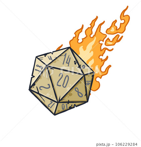 20 sided dice with numbers. Cartoon dice for fantasy dnd and rpg Board game. Magic fire isolated on white 106229284