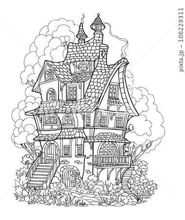 Fairy tale forest house. Coloring page 106229311