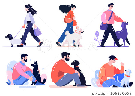Hand Drawn Set of character is walking happily with the dog in flat style Hand Drawn Set of character is walking happily with the dog in flat style 106230055