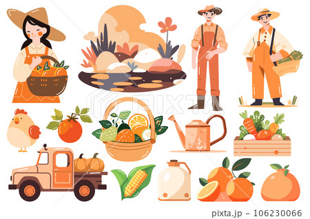 Hand Drawn Set of Farmer and farm objects in flat style Hand Drawn Set of Farmer and farm objects in flat style 106230066