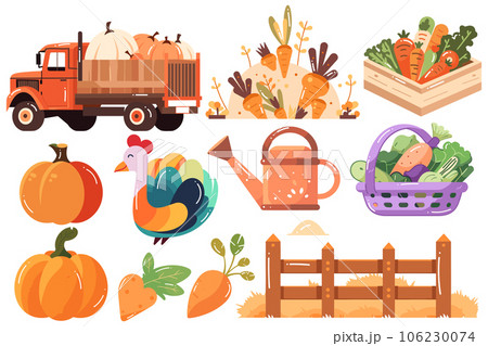 Hand Drawn Set of Farmer and farm objects in flat style 106230074