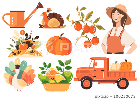 Hand Drawn Set of Farmer and farm objects in flat style Hand Drawn Set of Farmer and farm objects in flat style 106230075