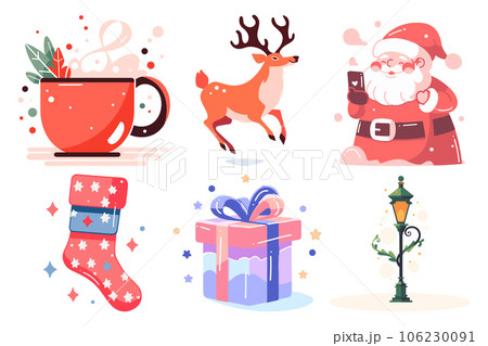 Hand Drawn Set of Santa Claus with Christmas objects in flat style 106230091