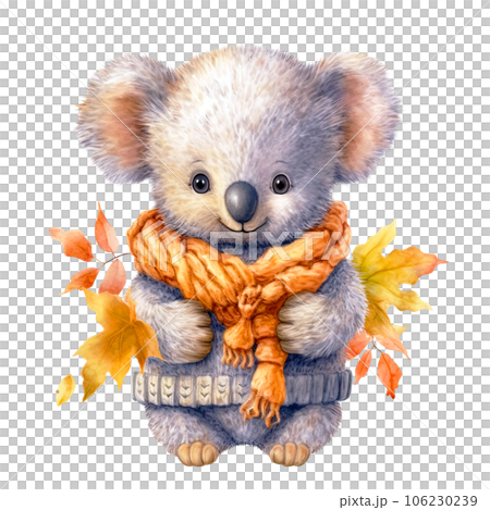 Cute Koala with crochet clothes and scarf Watercolor clipart isolated on Transparent Background. Cute animals with fall clothes and Leaves clipart. Cute Koala with crochet clothes and scarf Watercolor clipart isolated on Transparent Background. Cute animals with fall clothes and Leaves clipart. 106230239
