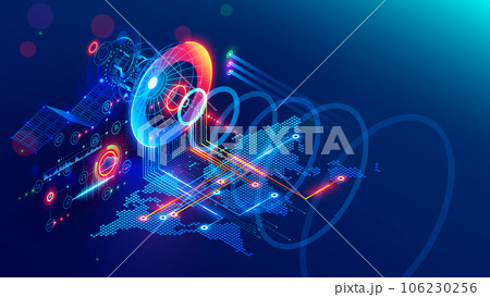 Global Satellite internet communications concept. Satellite transmits digital signals from space on world map. Satellite dish translation communication signals. Global wireless network technology. 106230256