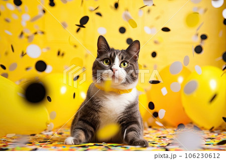 Cat with baloons celebrating birthday party 106230612