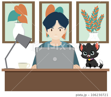 Man working at the table with a cat 106230721