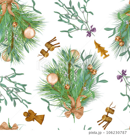 Christmas seamless pattern with branch of mistletoe, pine and wooden toy digital illustration isolated on white. Christmas decorations, bells, ball hand drawn. Print for textile, wrapping, paper 106230787