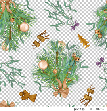 Christmas seamless pattern with branch of mistletoe, pine and wooden toy digital illustration isolated on white. Christmas decorations, bells, ball hand drawn. Print for textile, wrapping, paper 106230787