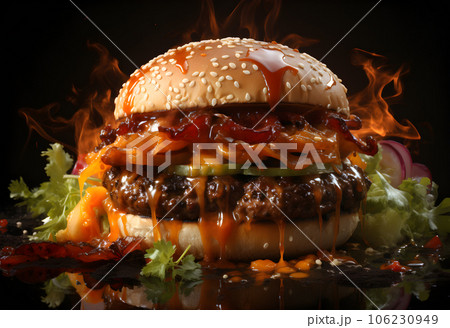 Closeup of tasty hamburger on black background with flames and reflection 106230949