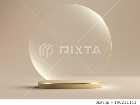 3D realistic luxury style golden podium platform with transparent glass circle backdrop on beige background 106231153