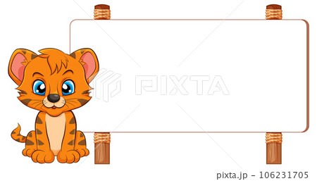 Playful Tiger Cartoon Standing in Front of Signboard Banner 106231705